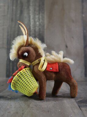 1950s Flocked Fuzzy Donkey with Flower Basket Yarn Tail Figure Decor Novelty